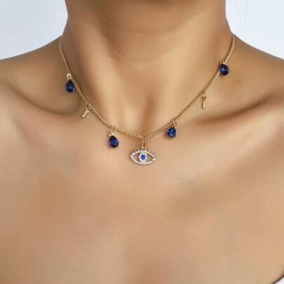 Mystical Evil Eye Necklace with Sapphire Blue Charms - Picture 1 of 4